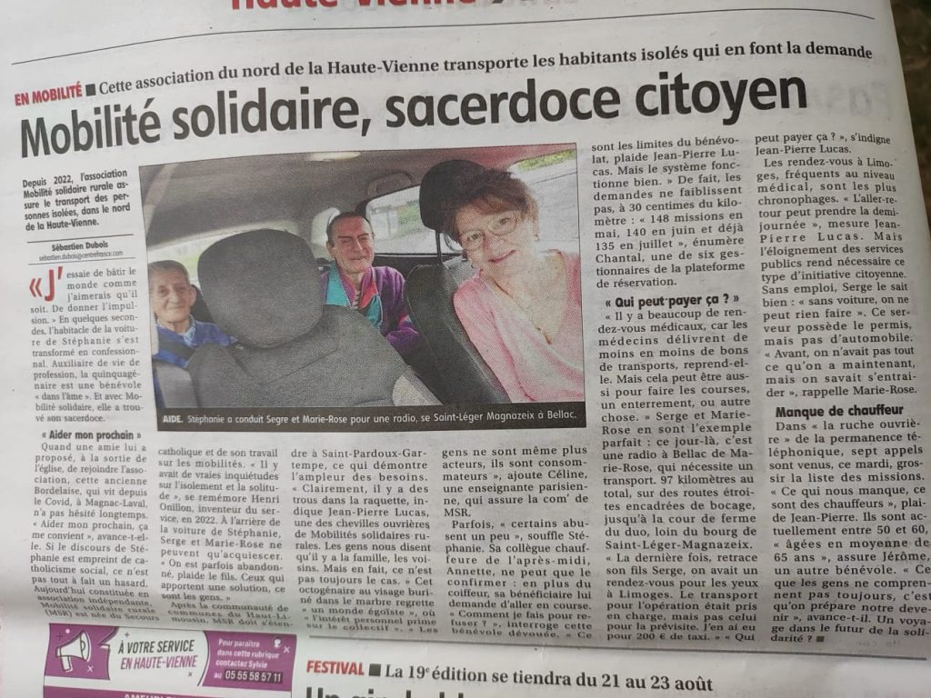 Article du Populaire du Centre : Mobilité solidaire, sacerdoce citoyen